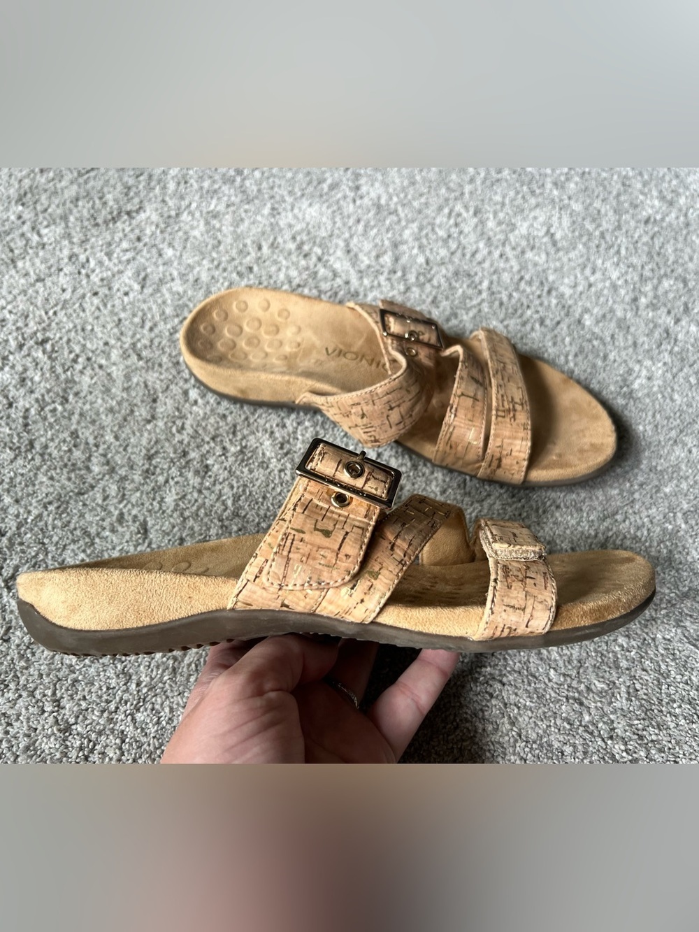 Vionic Skylar Cork Gold Size 9 Slide Sandals Orthotic Slip On Comfort Adjustable